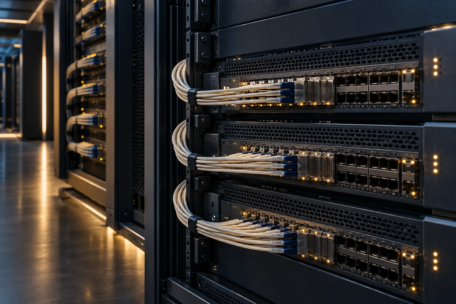 Иллюстрация инфраструктуры: аккуратно проложенная оптика соединяет сетевые коммутаторы.