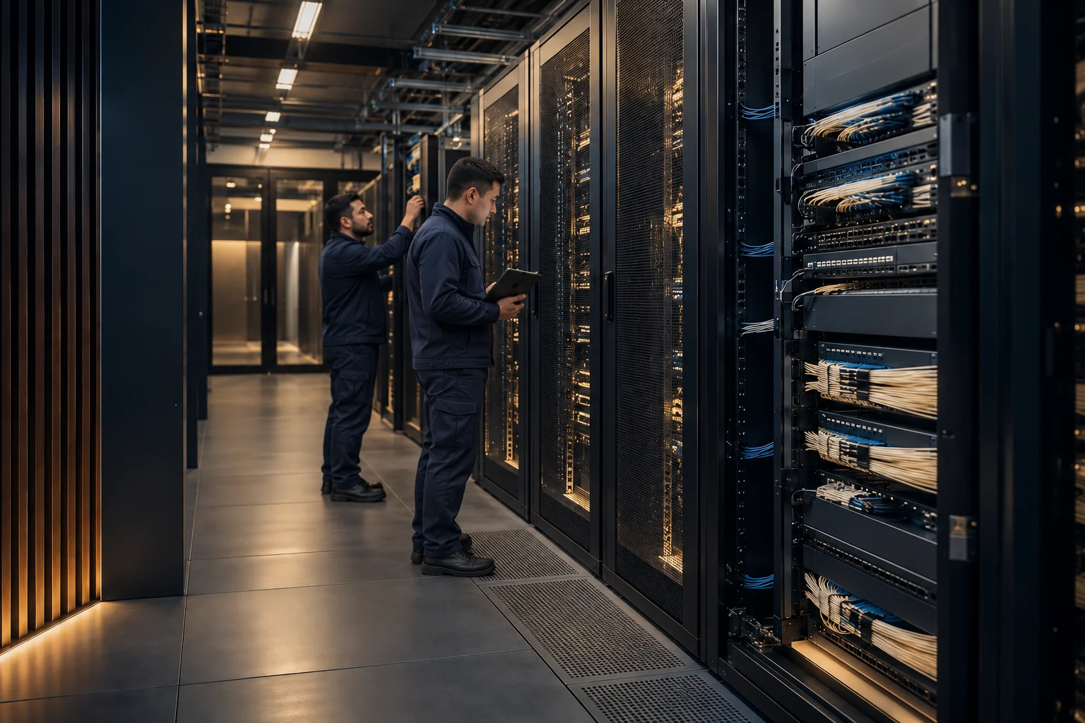 Иллюстрация инфраструктуры: два инженера проверяют оптические соединения в современной серверной.